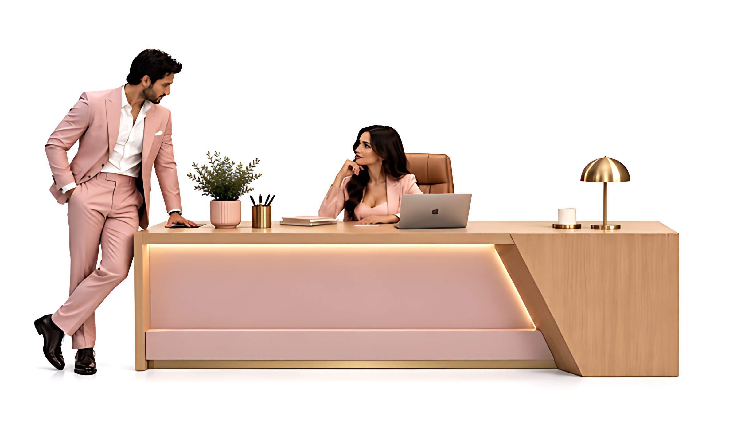 Rose pink and oak director table with LED glow and gold trim by ModularKart